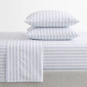 image:imageMartha Stewart  Full Sheet Set with Fitted Sheet amp Pillowcases Cotton Percale Bedding with a Smooth Feel Deep Pocket Gingham BrownLeaf Stripe Blue