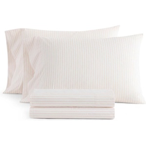 image:imageMartha Stewart  Full Sheet Set with Fitted Sheet amp Pillowcases Cotton Percale Bedding with a Smooth Feel Deep Pocket Gingham BrownTicking Stripe Pink
