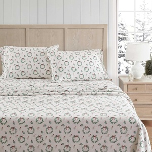image:imageMartha Stewart  Full Sheet Set with Fitted Sheet amp Pillowcases Soft Cotton Flannel Bedding Deep Pocket Ticking Stripe BlueWreaths  Mistletoe Green